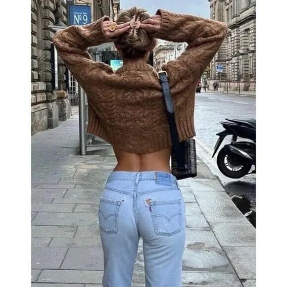 NWT ZARA Bloggers Fave Cable Knit Cropped Sweater Tan Brown Size Small - Picture 8 of 11